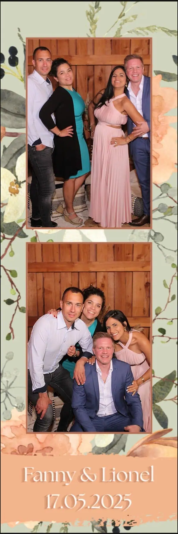 Photobooth mariage avec invités souriants et décor floral, idéal pour capturer des souvenirs inoubliables lors d’un mariage en Suisse Romande ou dans le Pays de Gex.