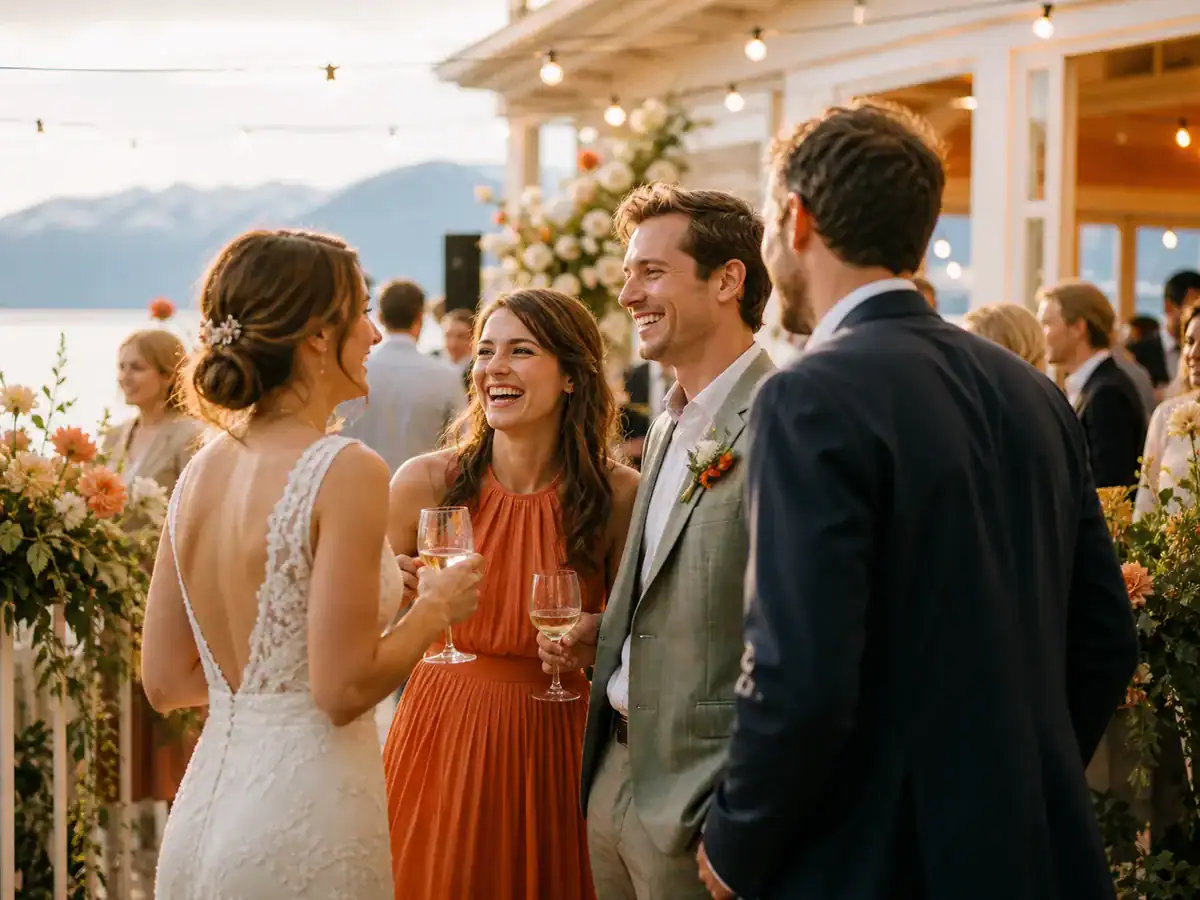 Invités échangeant lors d’un mariage dans la région du Léman