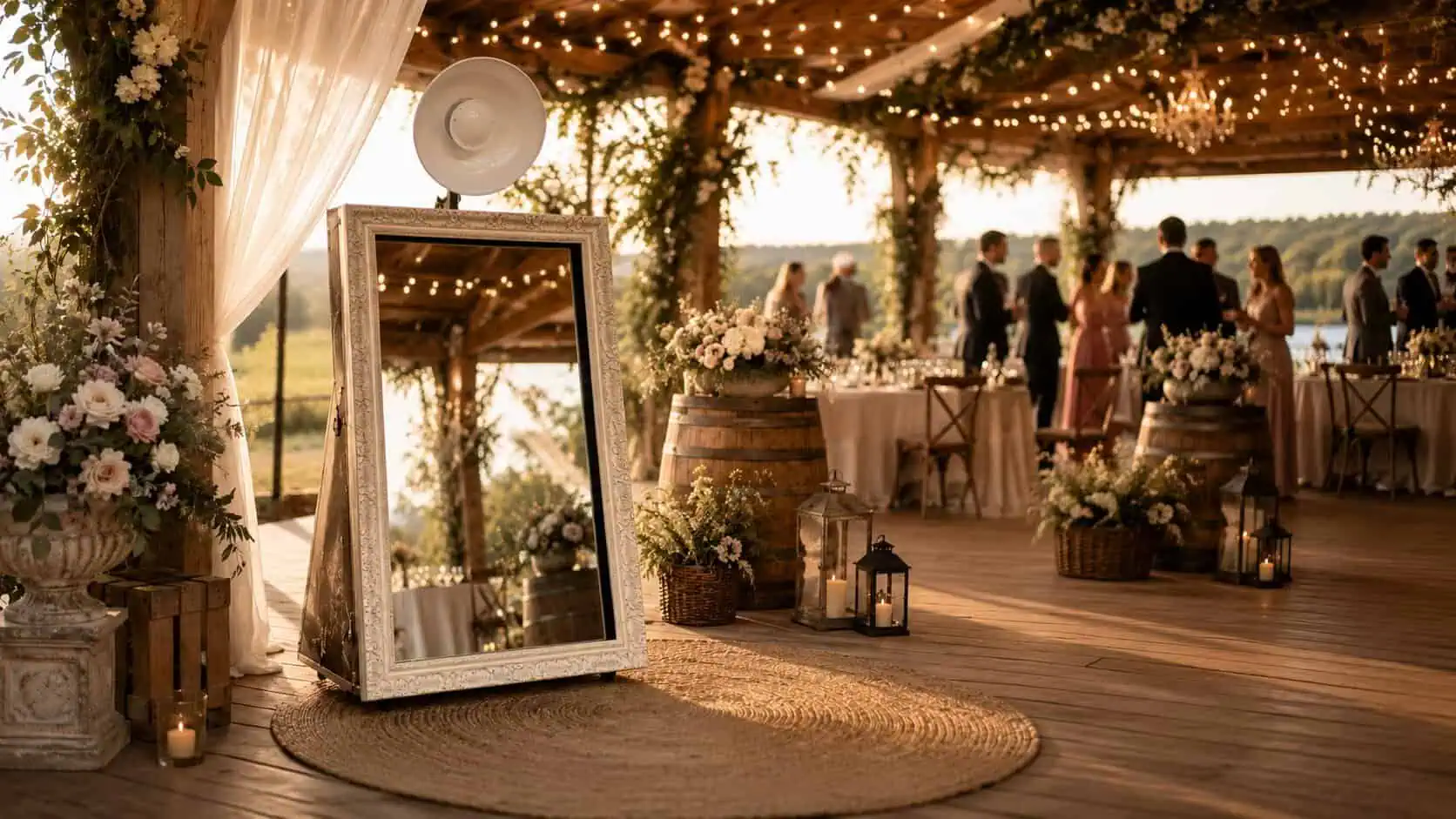 Espace de mariage décoré avec guirlandes lumineuses, fleurs et miroir vintage, ambiance chaleureuse et élégante en Suisse Romande.