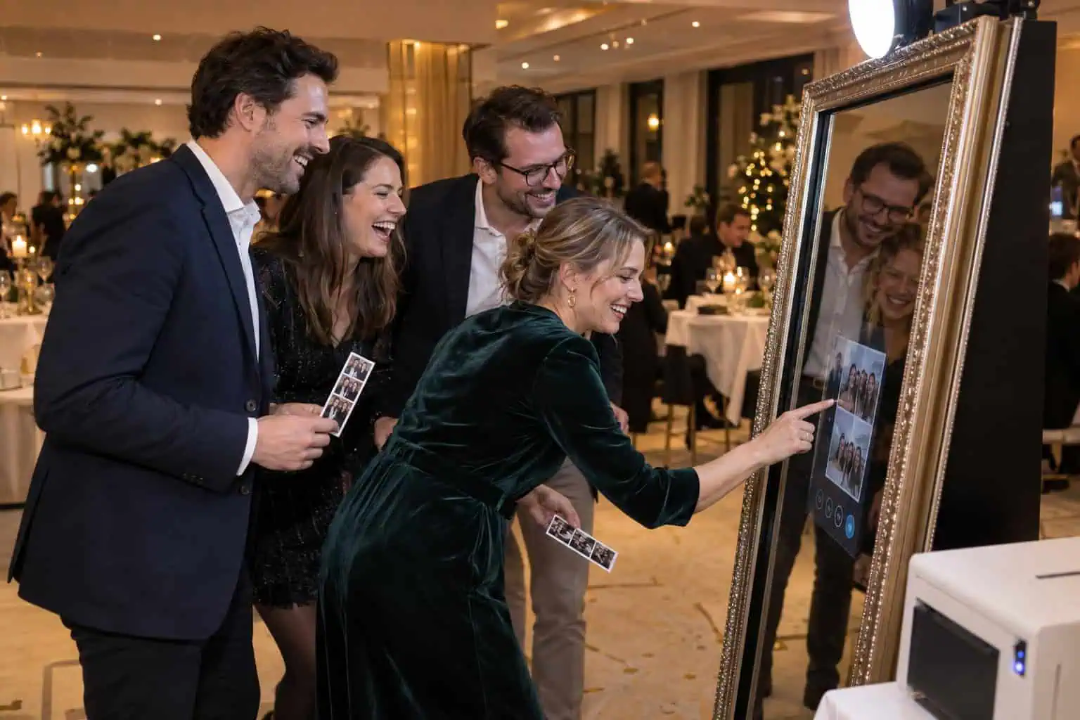Des collègues utilisent un miroir photo interactif pendant une soirée d’entreprise