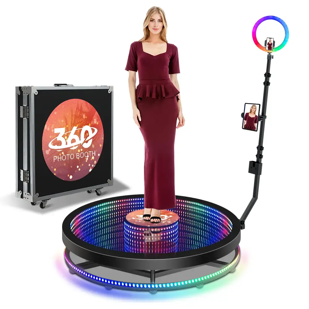 Plateforme de photobooth avec éclairage LED coloré, photographe en action et cabine de photobooth pliable pour événements en Suisse Romande et Pays de Gex.