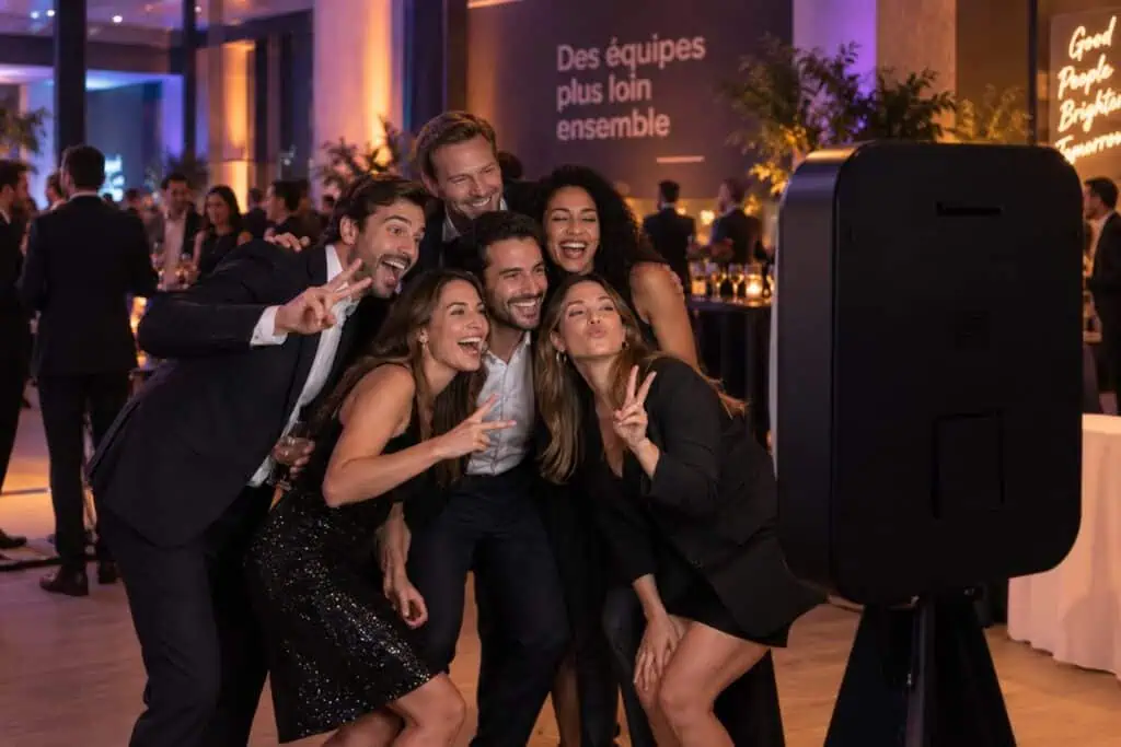 Des collègues posent devant un photobooth pendant une soirée d’entreprise