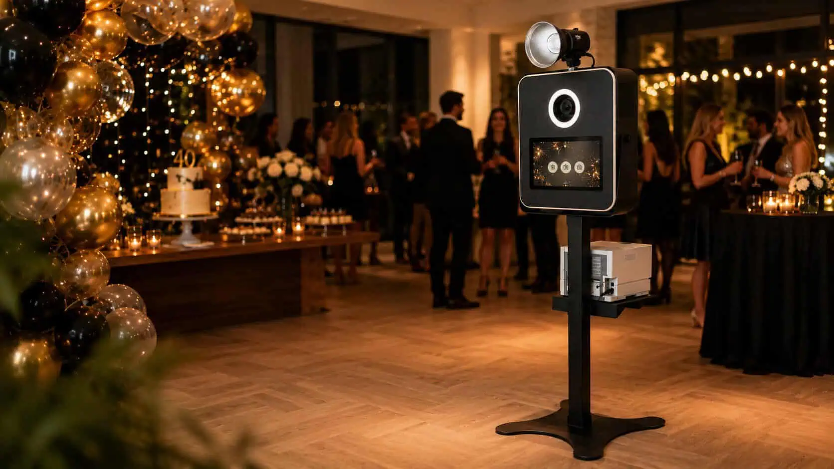 Photobooth Vivabooth avec vidéobooth 360 lors d'une fête élégante avec décorations de Noël et invités en tenue de soirée.