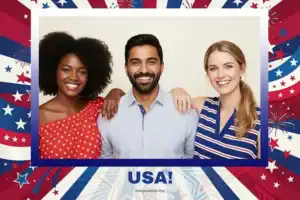 Variante format paysage 6x4, 1 photo et orientation paysage du design photobooth Red White Blue Stars Stripes pour Vivabox