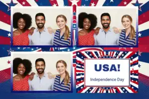 Variante format paysage 6x4, 3 photos et orientation paysage du design photobooth Red White Blue Stars Stripes pour Vivabox