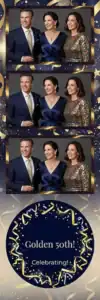 Variante bande 2x6, 3 photos et orientation paysage du design photobooth Blue Gold 50th Birthday pour Vivabox