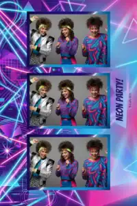 Variante format portrait 4x6, 3 photos et orientation paysage du design photobooth Neon Geometric Rock Party pour Miroir Magique