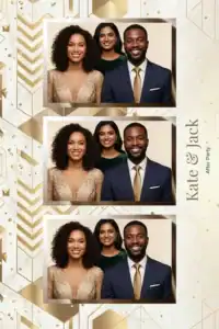 Variante format portrait 4x6, 3 photos et orientation paysage du design photobooth Gold Chevron Wedding Bokeh pour Miroir Magique