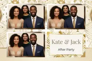 Variante format paysage 6x4, 3 photos et orientation paysage du design photobooth Gold Chevron Wedding Bokeh pour Vivabox