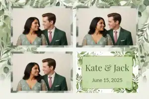 Variante format paysage 6x4, 3 photos et orientation paysage du design photobooth Green Watercolor Leaf Wedding pour Vivabox
