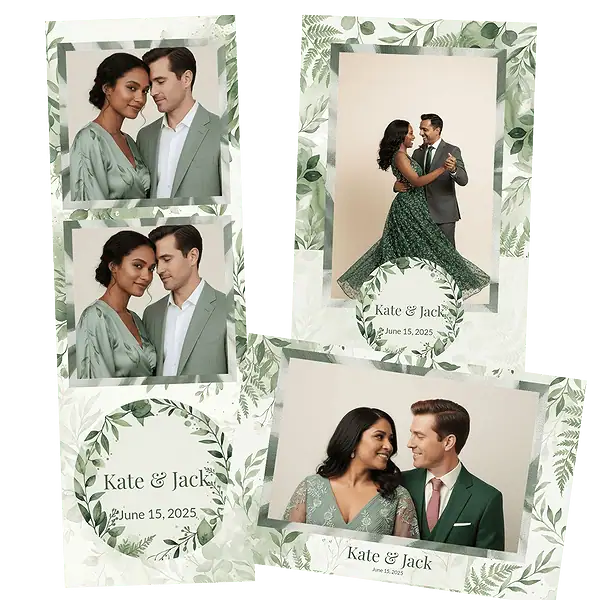 Design photobooth Green Watercolor Leaf Wedding pour Vivabox et Miroir