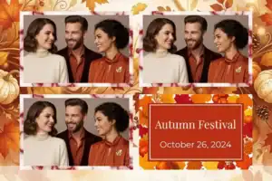Variante format paysage 6x4, 3 photos et orientation paysage du design photobooth Orange Leaf Autumn Frame pour Vivabox