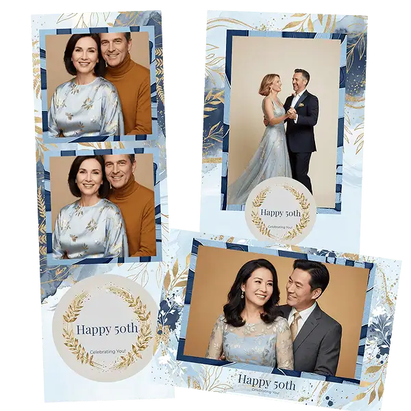 Design photobooth Elegant Blue Gold Foliage 50th pour Vivabox et Miroir