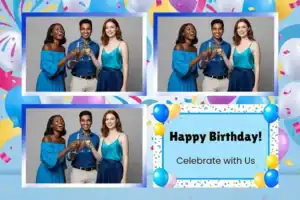 Variante format paysage 6x4, 3 photos et orientation paysage du design photobooth Blue Balloon Birthday Bokeh pour Vivabox