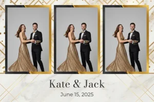 Variante format paysage 6x4, 3 photos et orientation portrait du design photobooth Geometric Gold Marble pour Vivabox