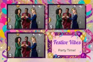 Variante format paysage 6x4, 3 photos et orientation paysage du design photobooth Colorful Confetti Clown Birthday pour Vivabox