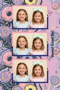 Variante format portrait 4x6, 3 photos et orientation paysage du design photobooth Playful Pastel Donut Birthday pour Miroir Magique