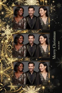 Variante format portrait 4x6, 3 photos et orientation paysage du design photobooth Glamorous Black Gold Snowflake Holiday pour Miroir Magique