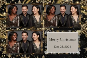 Variante format paysage 6x4, 3 photos et orientation paysage du design photobooth Glamorous Black Gold Snowflake Holiday pour Vivabox