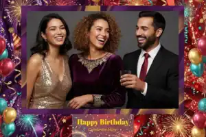 Variante format paysage 6x4, 1 photo et orientation paysage du design photobooth Black Fireworks Birthday Template pour Vivabox