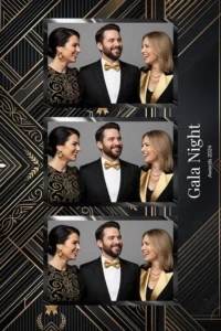 Variante format portrait 4x6, 3 photos et orientation paysage du design photobooth Elegant Dark Gala Night pour Miroir Magique