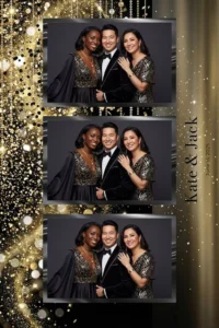 Variante format portrait 4x6, 3 photos et orientation paysage du design photobooth Glamorous Black And Gold Sparkle pour Miroir Magique