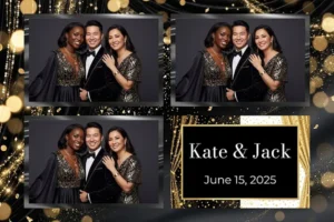Variante format paysage 6x4, 3 photos et orientation paysage du design photobooth Glamorous Black And Gold Sparkle pour Vivabox