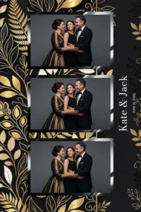 Variante format portrait 4x6, 3 photos et orientation paysage du design photobooth Elegant Black Gold Botanical pour Miroir Magique