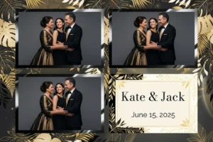Variante format paysage 6x4, 3 photos et orientation paysage du design photobooth Elegant Black Gold Botanical pour Vivabox