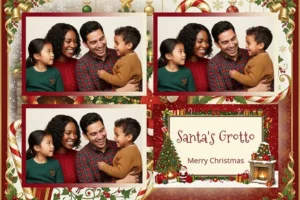 Variante format paysage 6x4, 3 photos et orientation paysage du design photobooth Classic Red Santas Grotto pour Vivabox