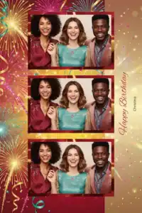Variante format portrait 4x6, 3 photos et orientation paysage du design photobooth Black Fireworks Birthday Confetti pour Miroir Magique