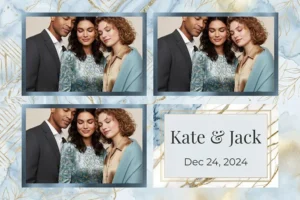 Variante format paysage 6x4, 3 photos et orientation paysage du design photobooth Elegant Blue Marble Gold pour Vivabox
