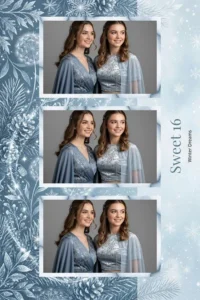Variante format portrait 4x6, 3 photos et orientation paysage du design photobooth Winter Blue Sweet 16 pour Miroir Magique