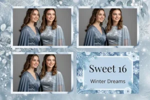 Variante format paysage 6x4, 3 photos et orientation paysage du design photobooth Winter Blue Sweet 16 pour Vivabox