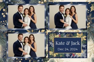 Variante format paysage 6x4, 3 photos et orientation paysage du design photobooth Navy Winter Pine Wedding pour Vivabox