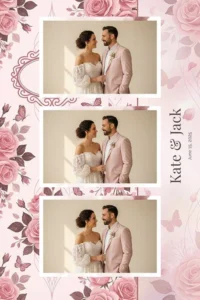 Variante format portrait 4x6, 3 photos et orientation paysage du design photobooth Romantic Pink Roses pour Miroir Magique