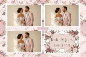 Variante format paysage 6x4, 3 photos et orientation paysage du design photobooth Romantic Pink Roses pour Vivabox