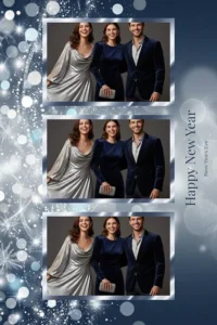 Variante format portrait 4x6, 3 photos et orientation paysage du design photobooth Frosty Silver Bokeh Glamour pour Miroir Magique