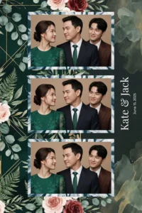 Variante format portrait 4x6, 3 photos et orientation paysage du design photobooth Emerald Botanical Romance pour Miroir Magique