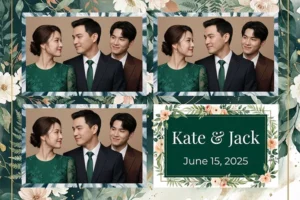 Variante format paysage 6x4, 3 photos et orientation paysage du design photobooth Emerald Botanical Romance pour Vivabox