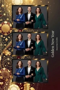 Variante format portrait 4x6, 3 photos et orientation paysage du design photobooth Golden Casino New Year pour Miroir Magique