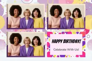 Variante format paysage 6x4, 3 photos et orientation paysage du design photobooth Pastel Polka Dot Birthday pour Vivabox