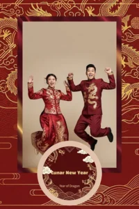 Variante format portrait 4x6, 1 photo et orientation portrait du design photobooth Golden Dragon Lunar New Year 2 pour Miroir Magique