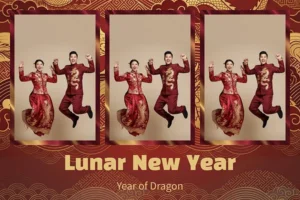 Variante format paysage 6x4, 3 photos et orientation portrait du design photobooth Golden Dragon Lunar New Year 2 pour Vivabox