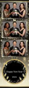 Variante bande 2x6, 3 photos et orientation paysage du design photobooth Black Gold Stripe New Year pour Vivabox
