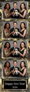 Variante bande 2x6, 4 photos et orientation paysage du design photobooth Black Gold Stripe New Year pour Vivabox