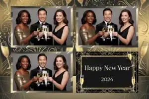 Variante format paysage 6x4, 3 photos et orientation paysage du design photobooth Black Gold Stripe New Year pour Vivabox