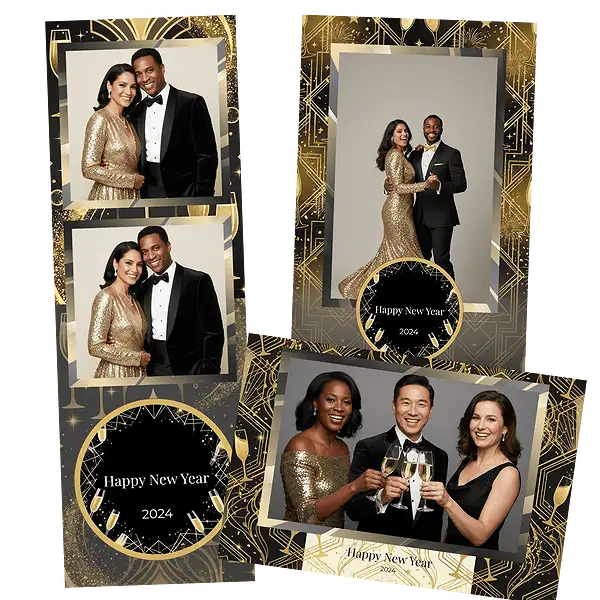 Design photobooth Black Gold Stripe New Year pour Vivabox et Miroir