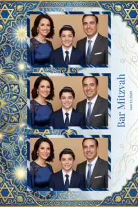 Variante format portrait 4x6, 3 photos et orientation paysage du design photobooth Blue Confetti Bar Mitzvah pour Miroir Magique