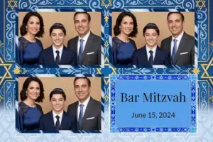 Variante format paysage 6x4, 3 photos et orientation paysage du design photobooth Blue Confetti Bar Mitzvah pour Vivabox